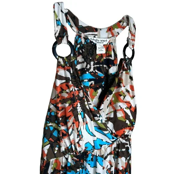 Studio West Apparel Sleeveless Maxi Dress Abstract Pattern Brown Blue Size XL - Picture 3 of 5